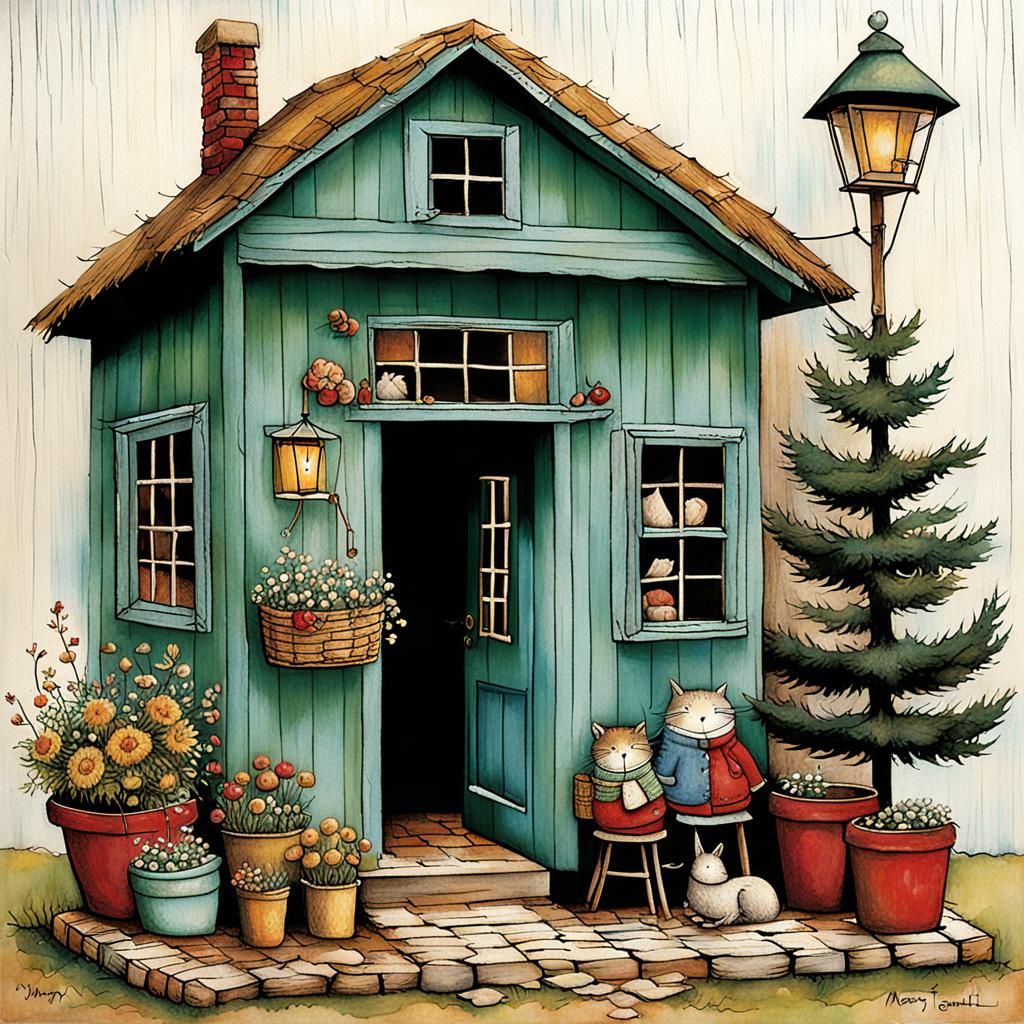 Charming Cozy Home Interior in Naive Art Style