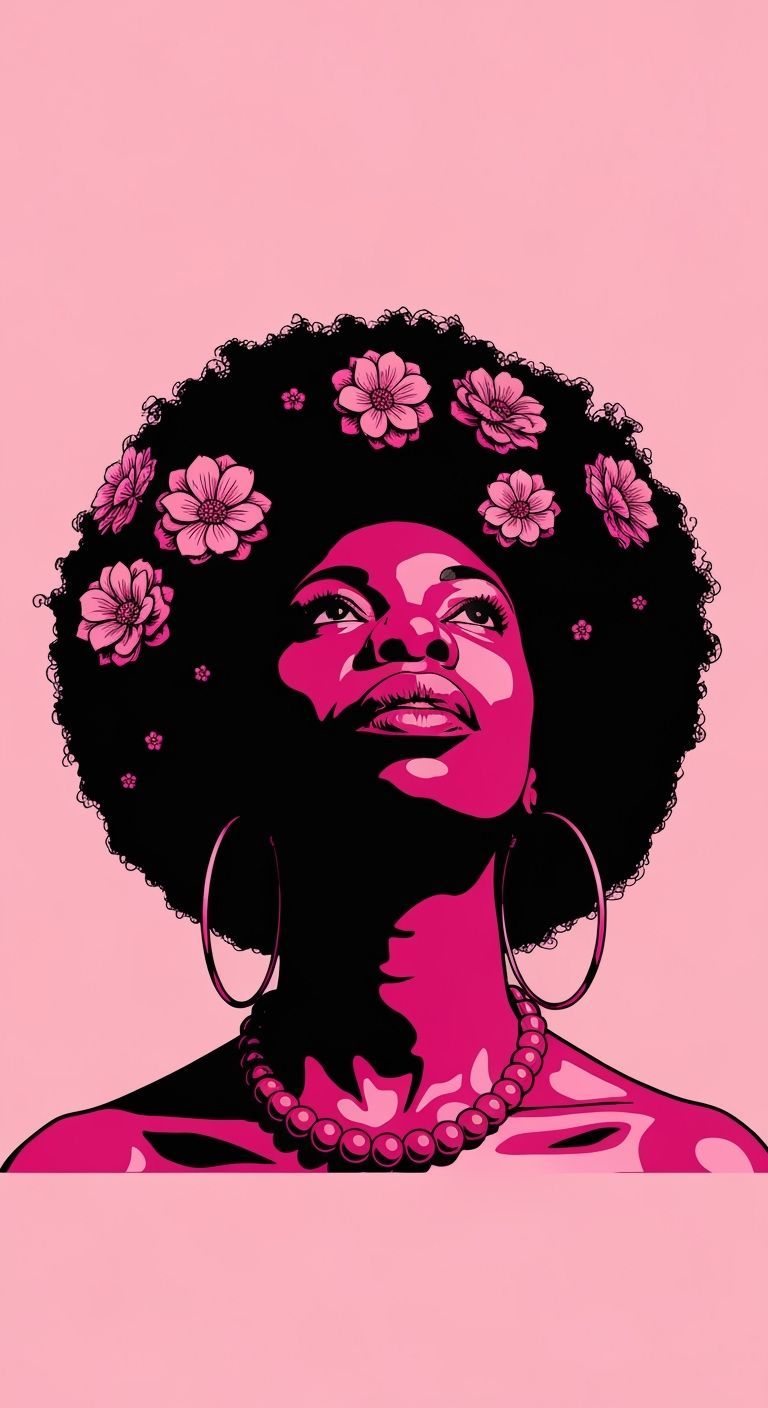 Confident Woman with Flower Adorned Afro in Bold Graphic Sty...