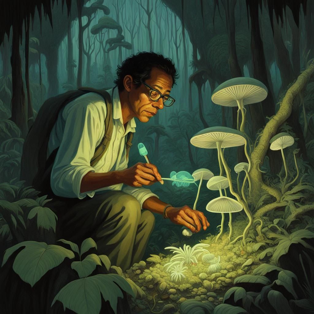 Luminescent Fungi Discovery in a Dark Jungle Painting