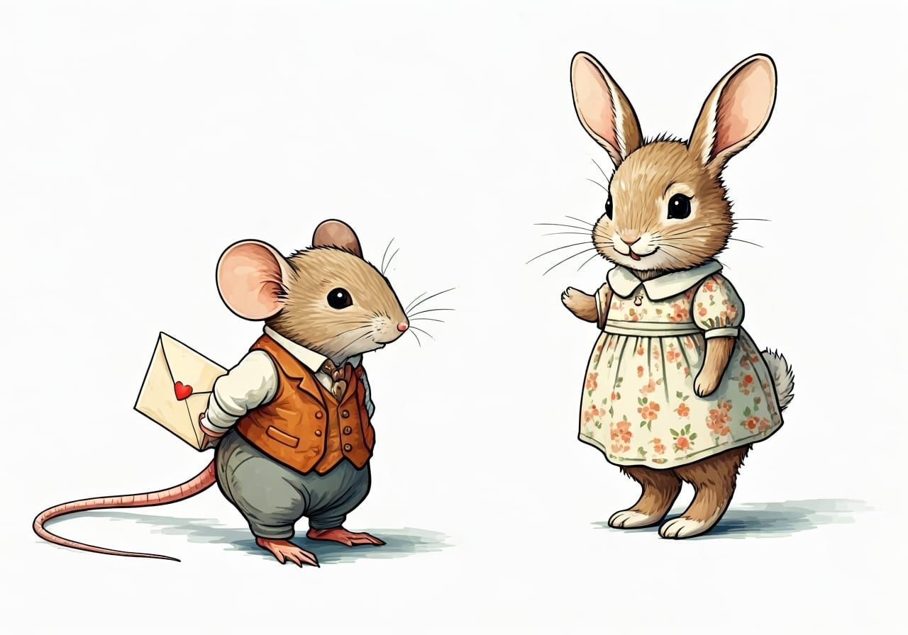 Whimsical Mouse With Love Letter, Vintage Illustration
