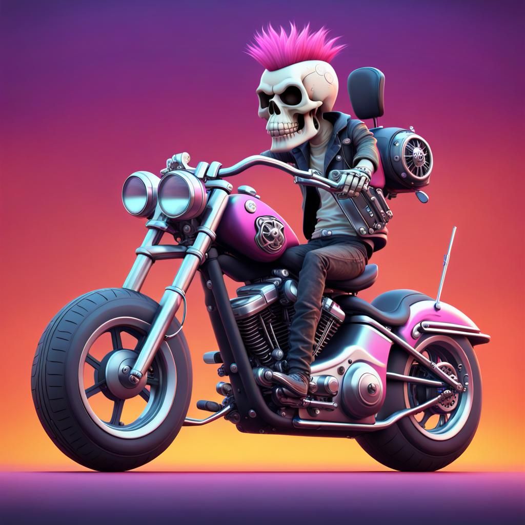 Punk Skull on Chopper: Pixar-Style 3D Art
