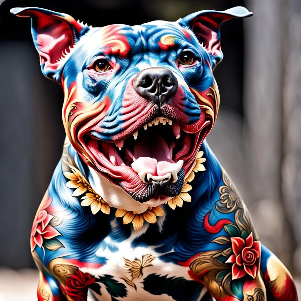 Tattooed Pit Bull Dog with Gold Flower Design