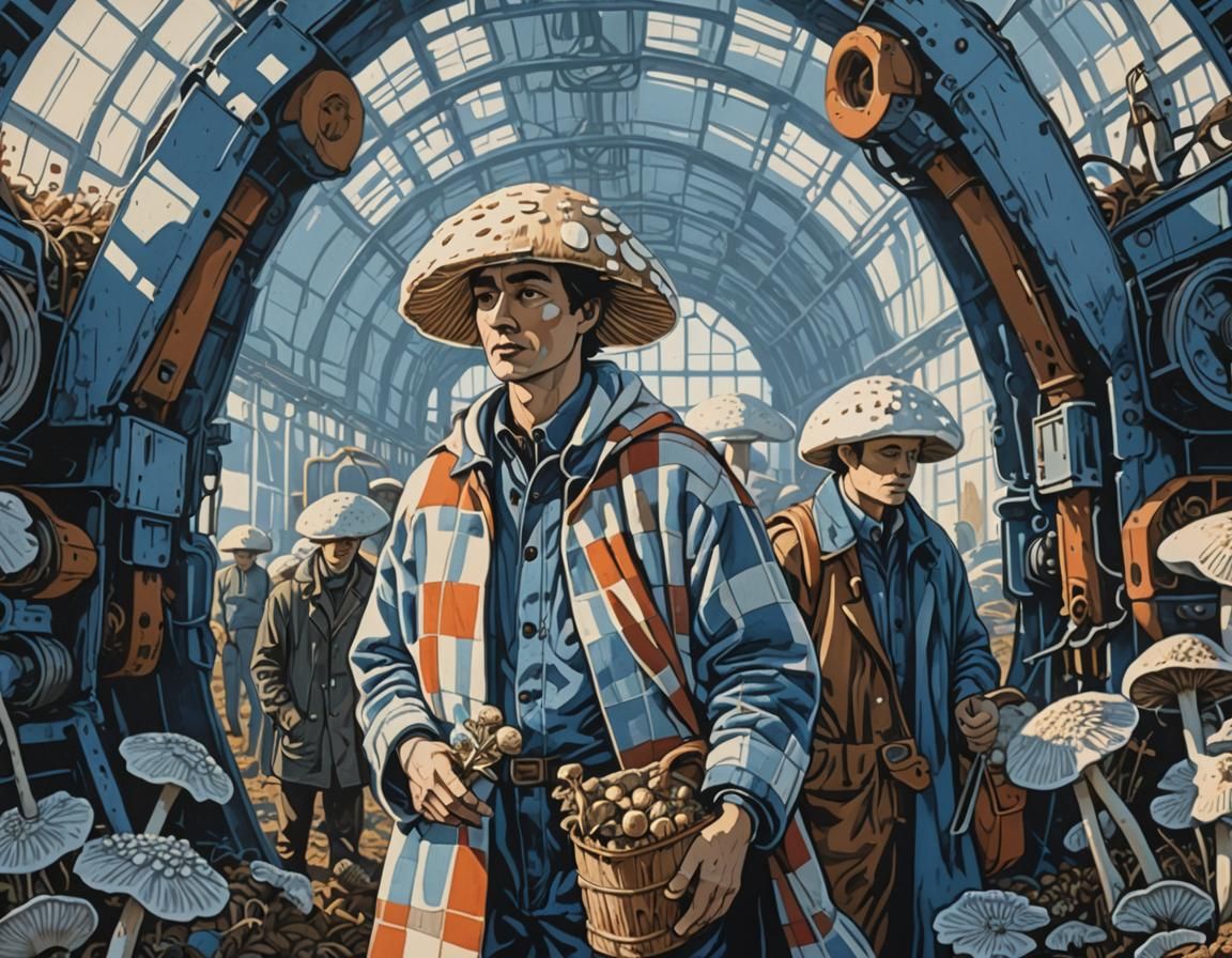 Italian Activists Tending Mushrooms: Linocut Style