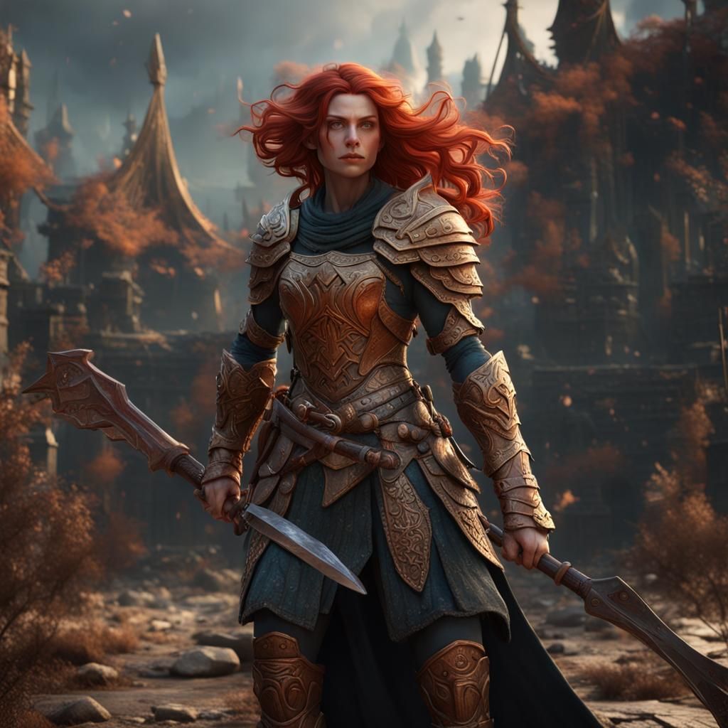 Red-Haired Warrior Woman in Paleolithic Style