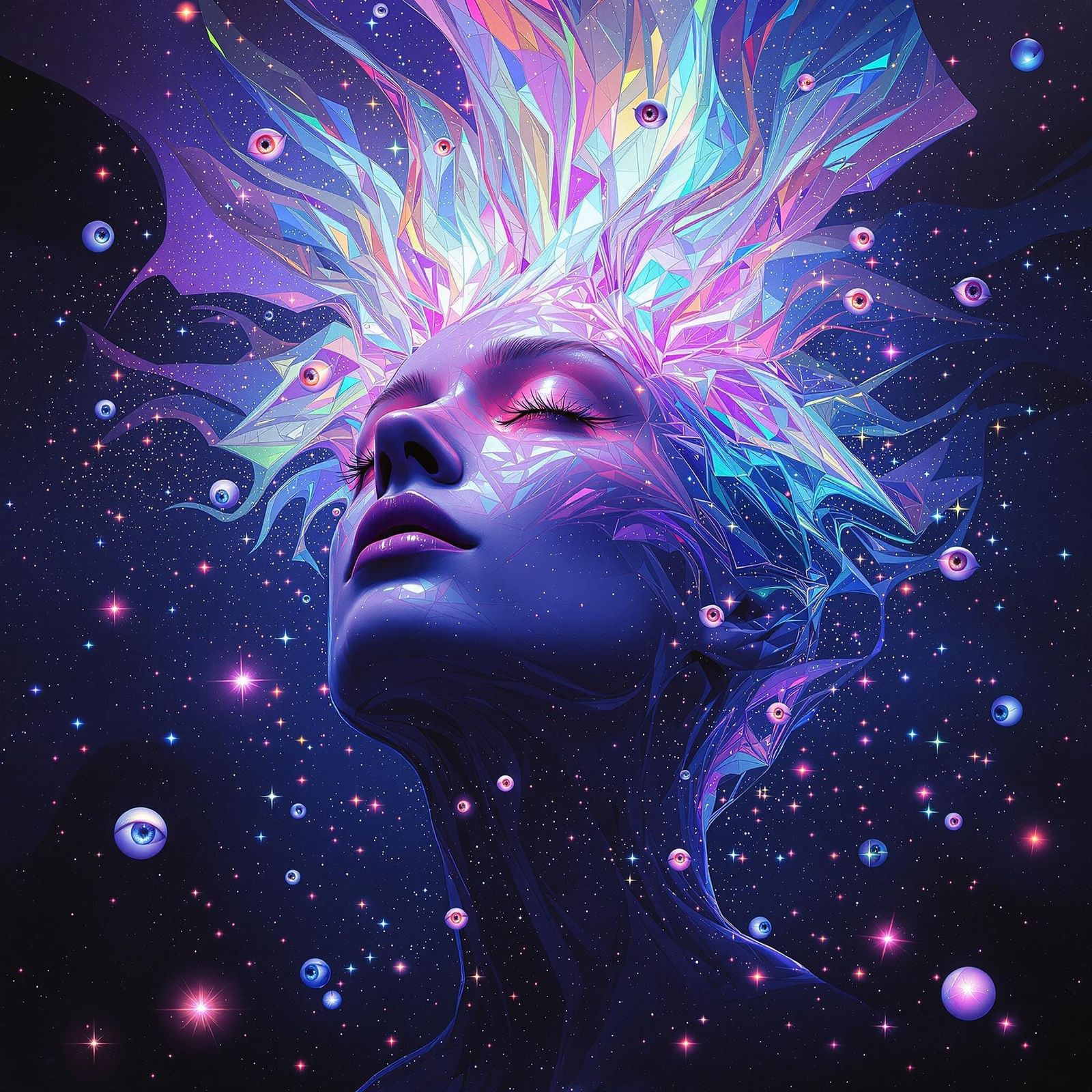 Surreal Melting Head in Neon Bioluminescent Dreamscape