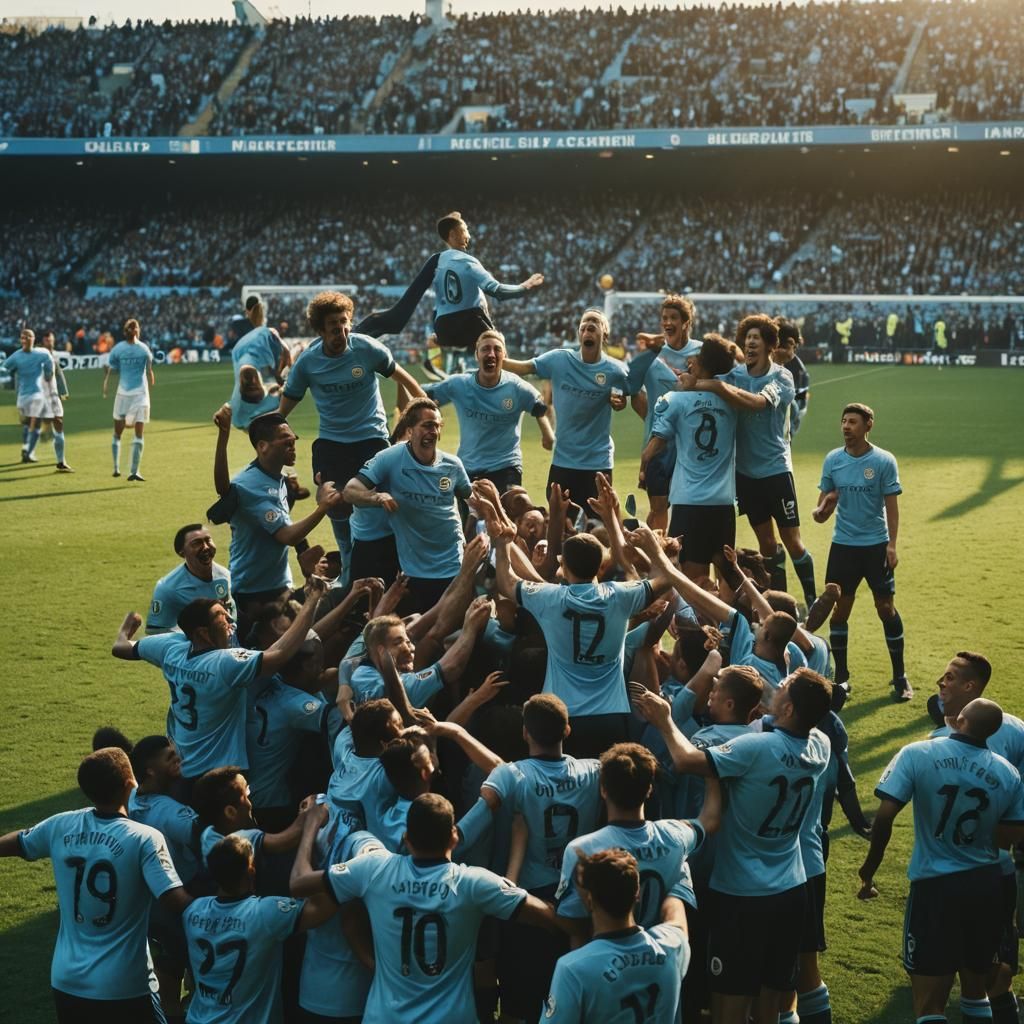Manchester City Celebrates Goal: Cinematic Film Still