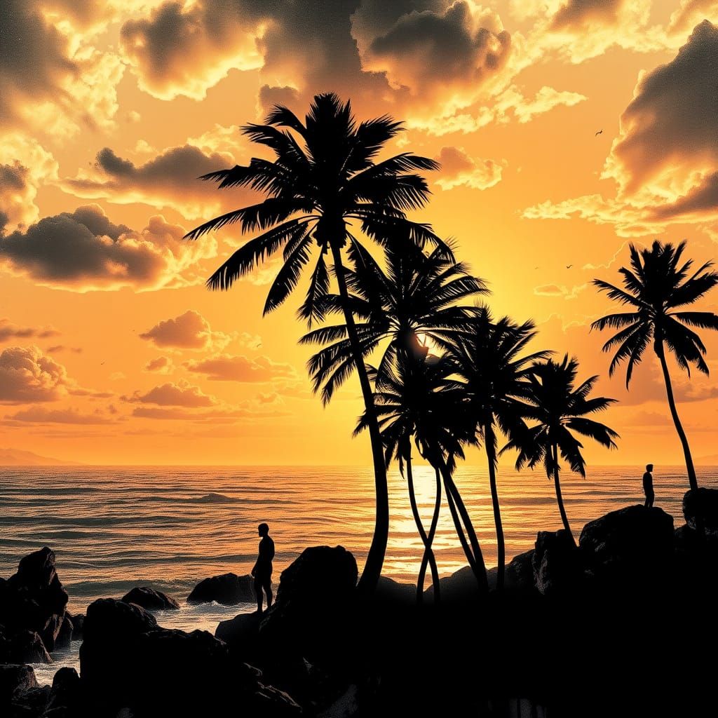 Ethereal Sunset at Stunning's Beach in Ink Splatter Style