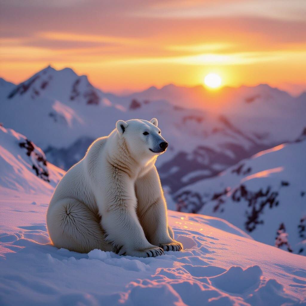 Polar Bear on Snowy Mountain at Sunset