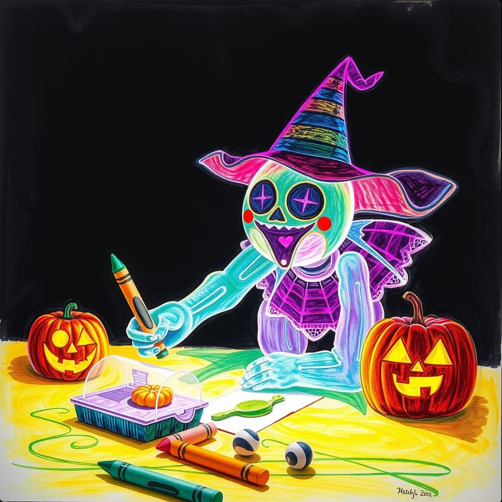 Kids Crayon drawings ,surreal child's drawing of Halloween H...