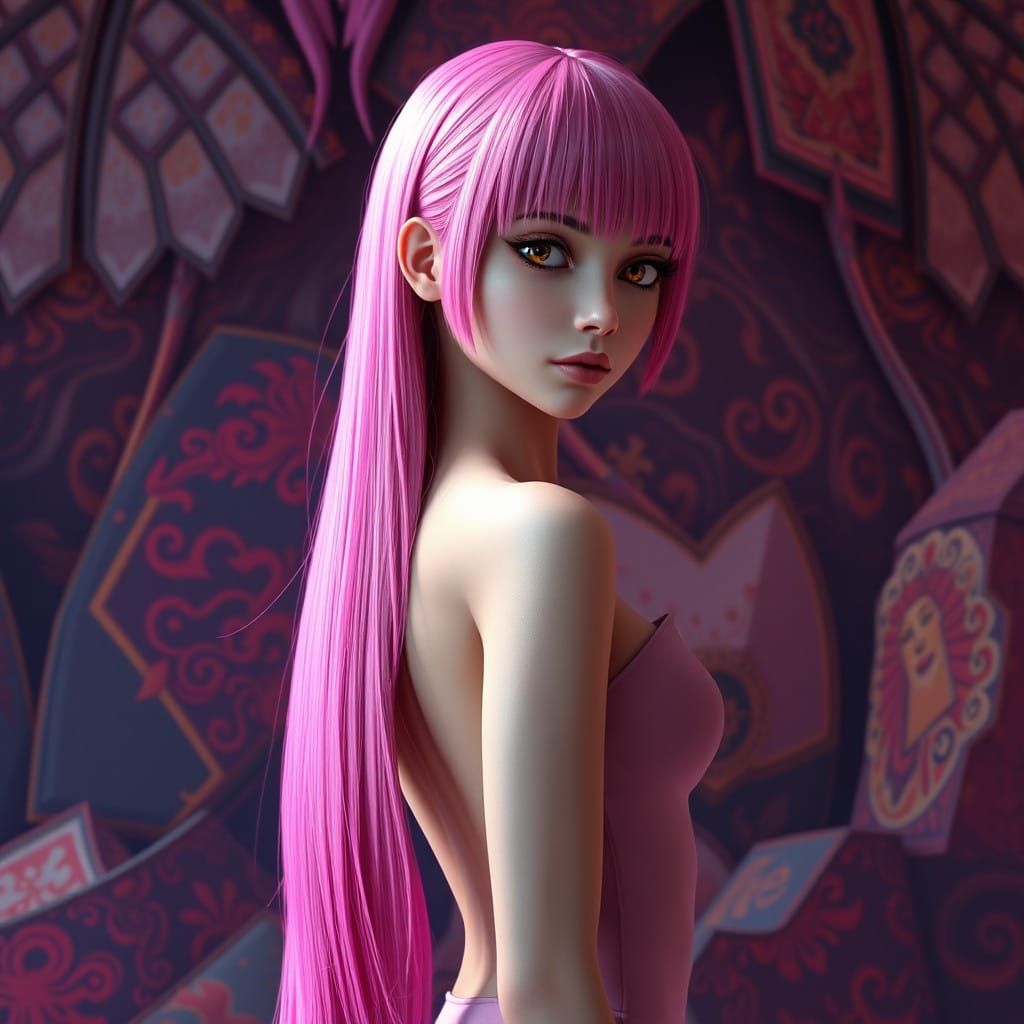 Ethereal Pink-Haired Figure in Vibrant Fantasy Landscape
