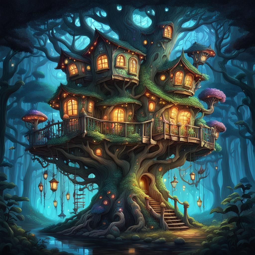 Mystical Treehouse in Enchanted Forest Illustration