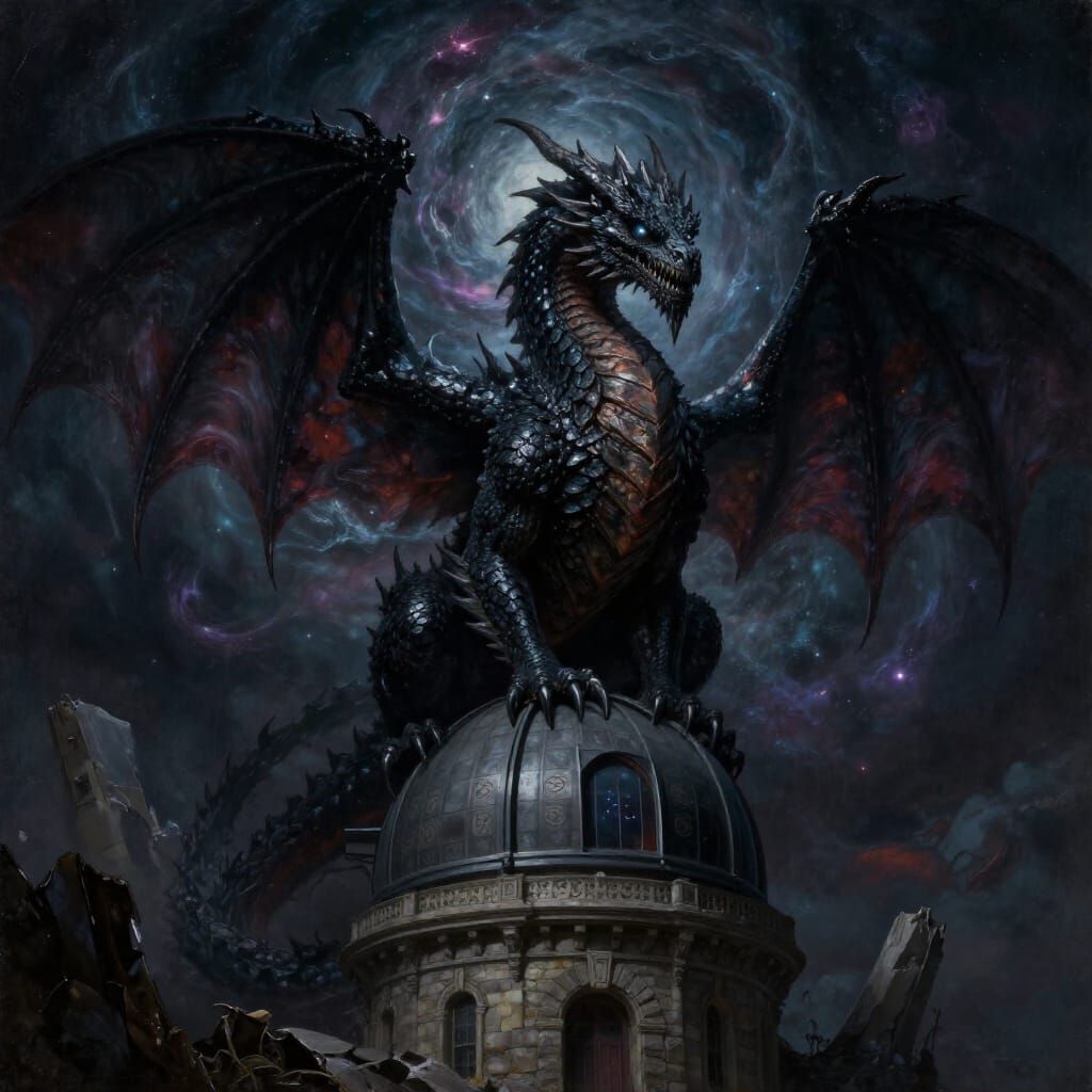 Ancient Obsidian Dragon Over Victorian Observatory