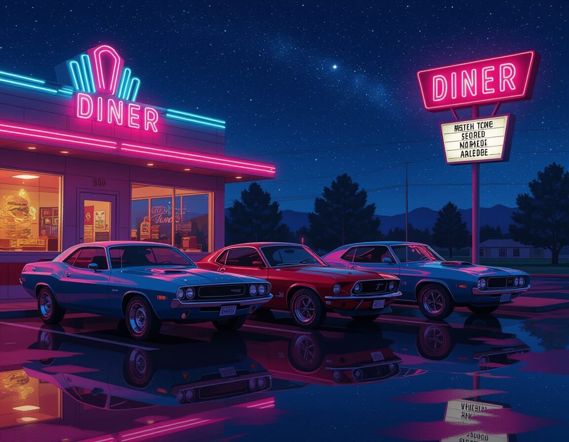 Muscle Cars at Neon Diner Under Starry Night