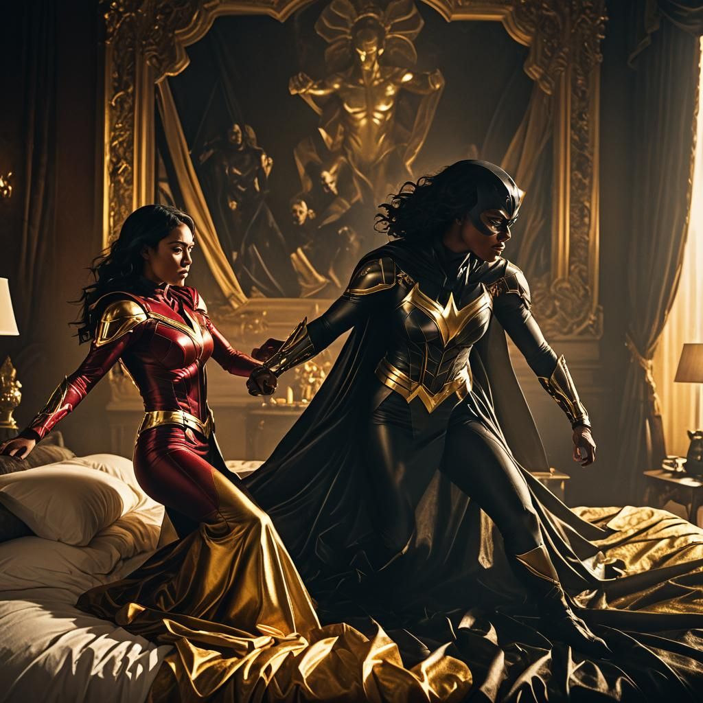 Superhero Battle on a Luxurious Bed: Cinematic Still