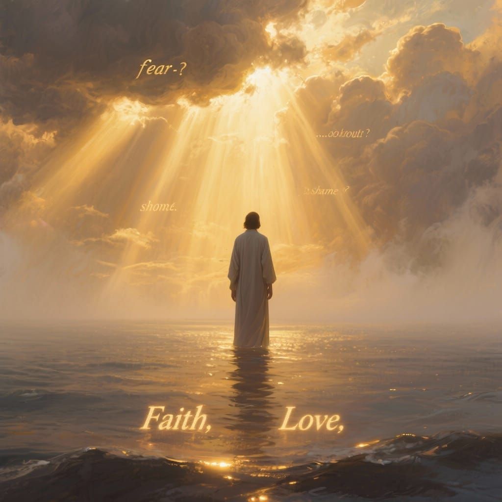 Spiritual Awakening: Figure on Calm Sea Amidst Dissolving St...