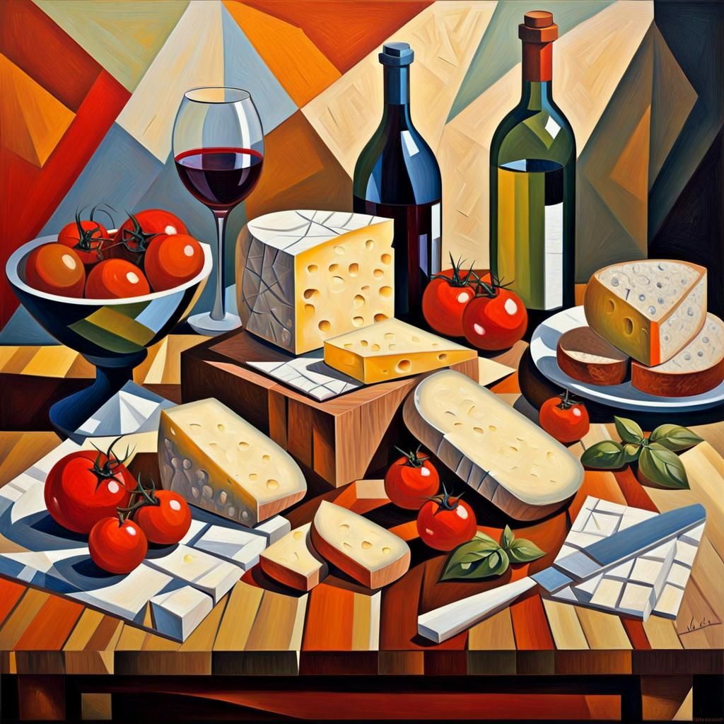 Cubist Still Life: Cheese, Bread, and Wine