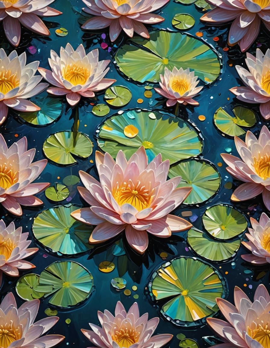 Luminous Water Lily Impasto Painting Masterpiece