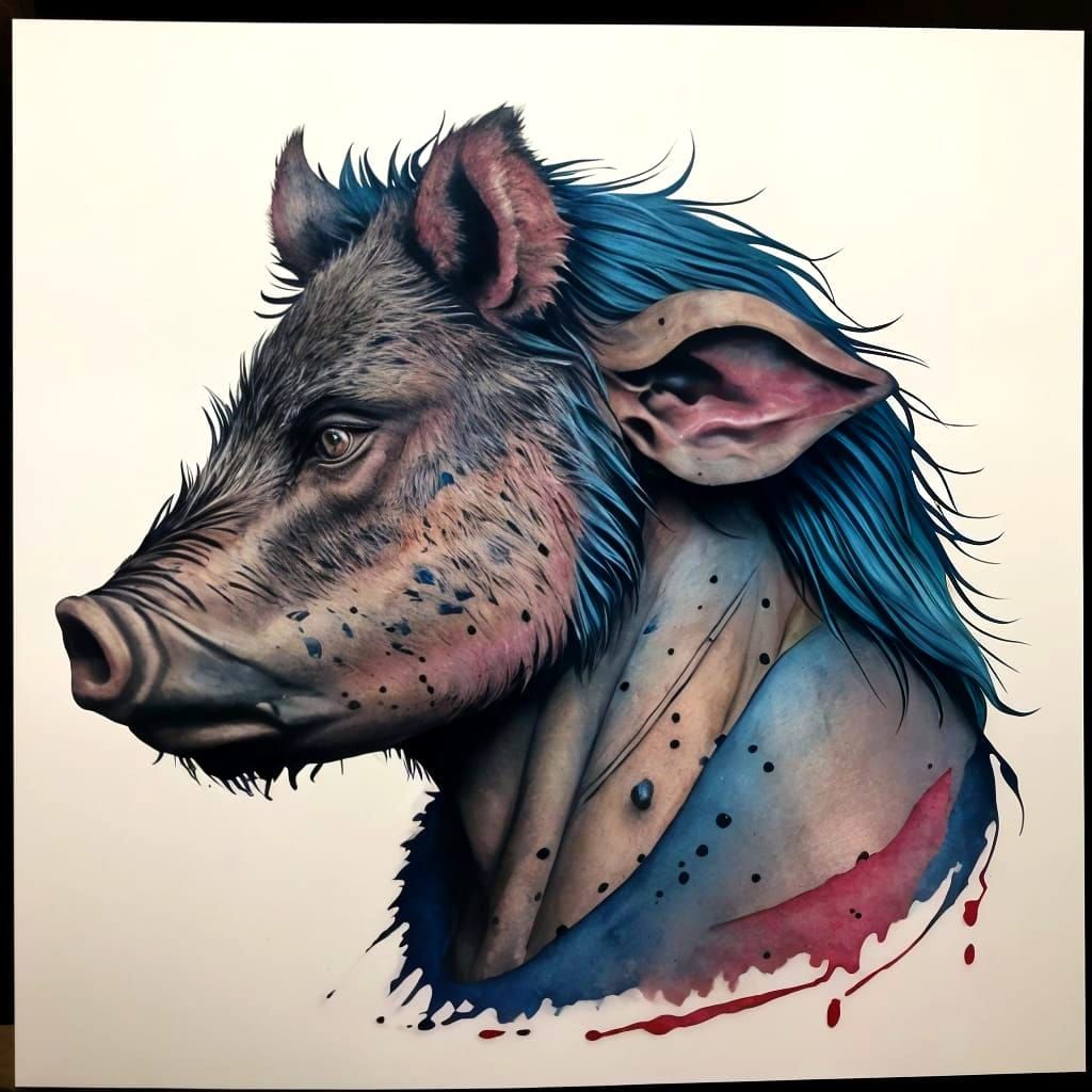 Corpulent Boar-Man Portrait in Acid Wash and Ink