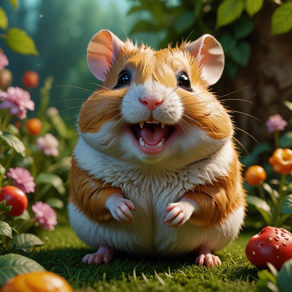 Hamster with Human Features Amidst Vibrant Gardenscape