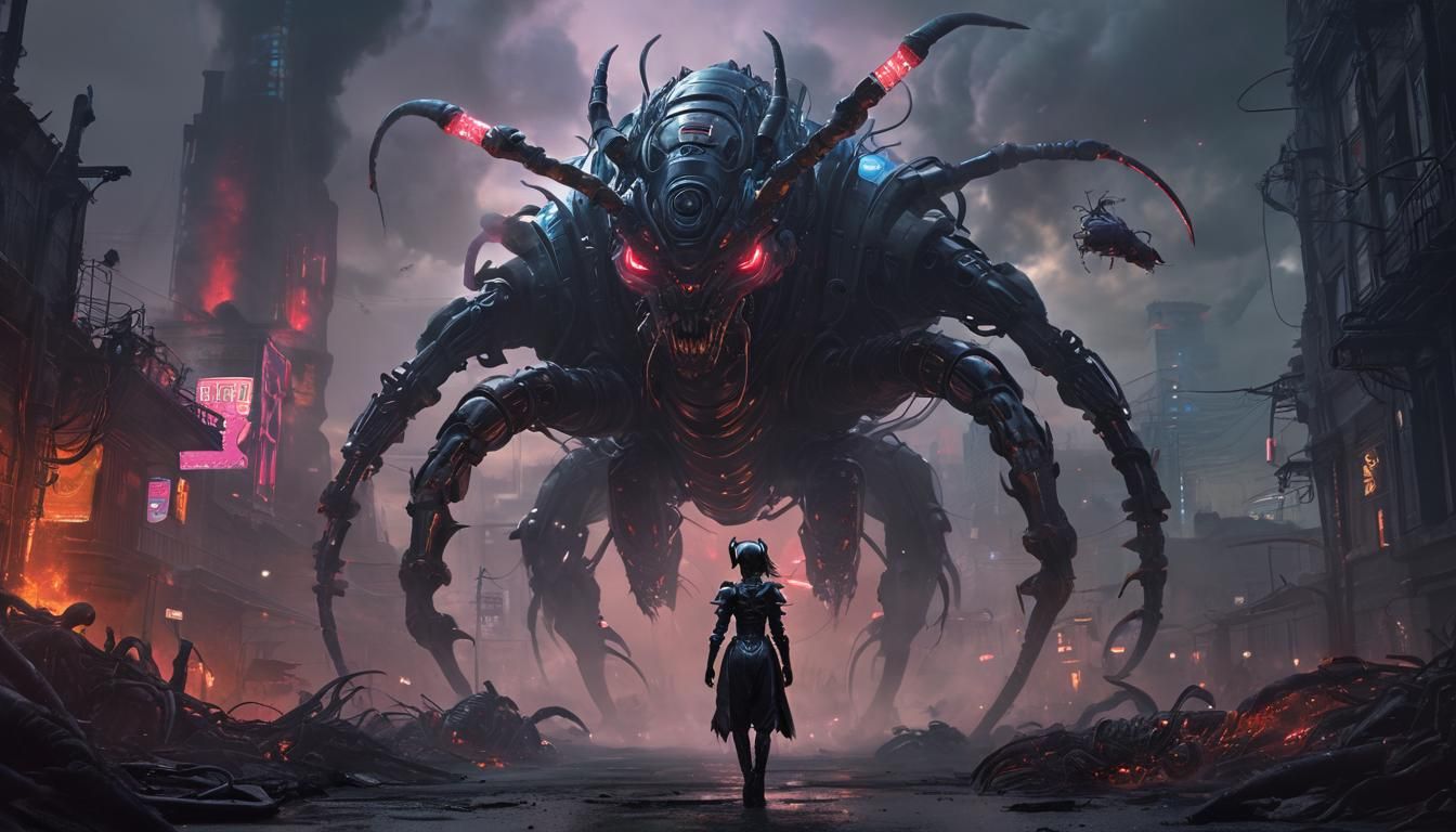 Cyberpunk Demon Queen Surrounded by Cybernetic Beasts