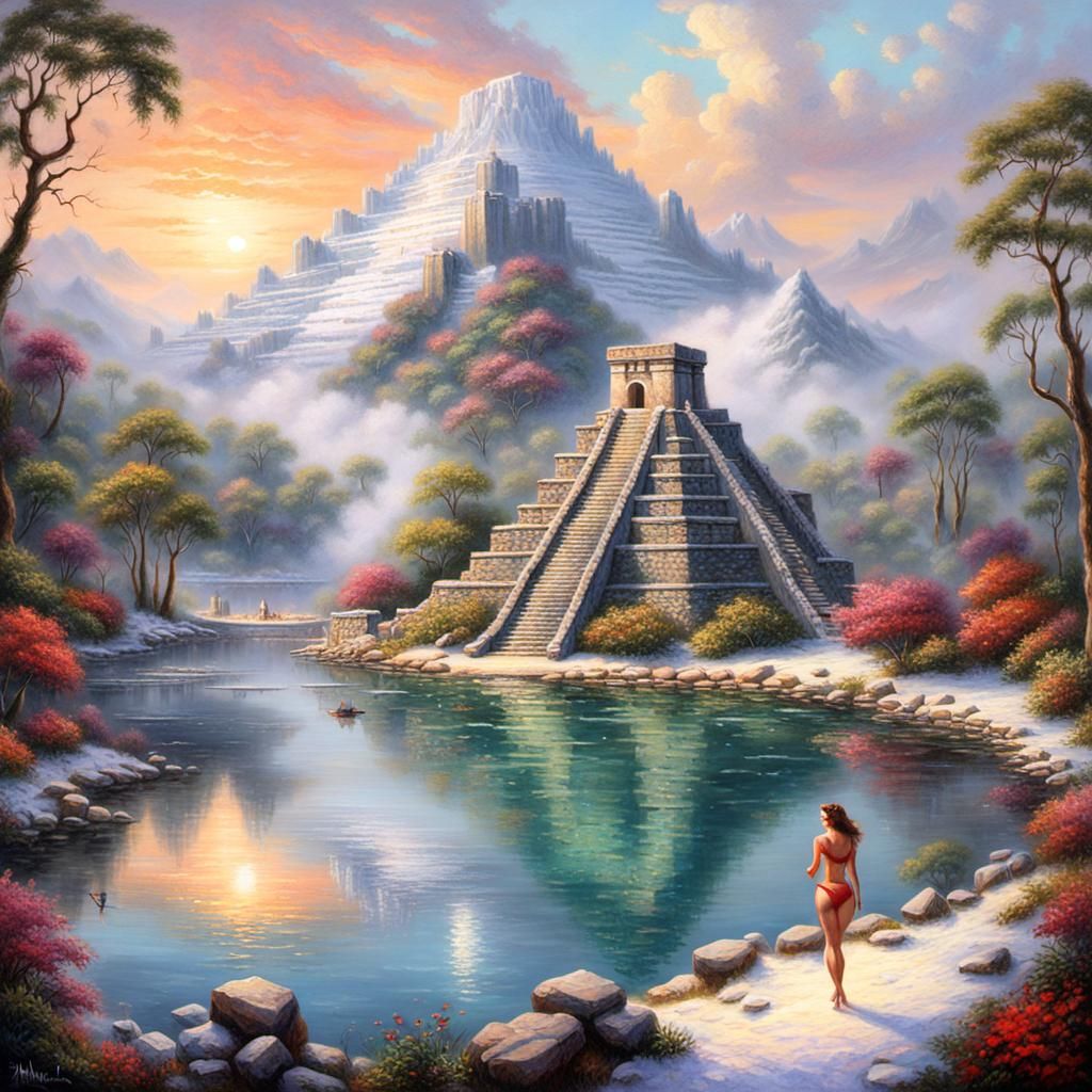 Woman at Mountain Lake with Mayan Ruins