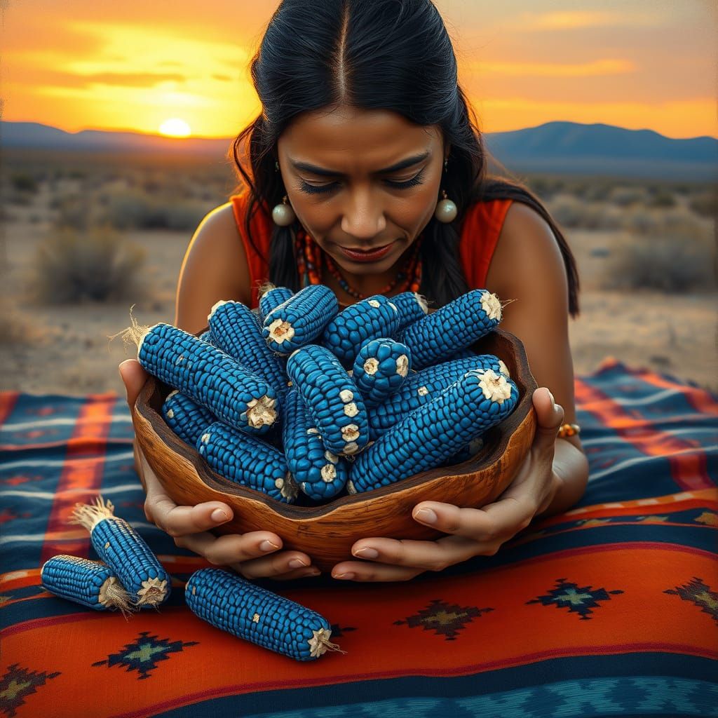 Native American Woman Cradles Vibrant Blue Corn in Tradition...