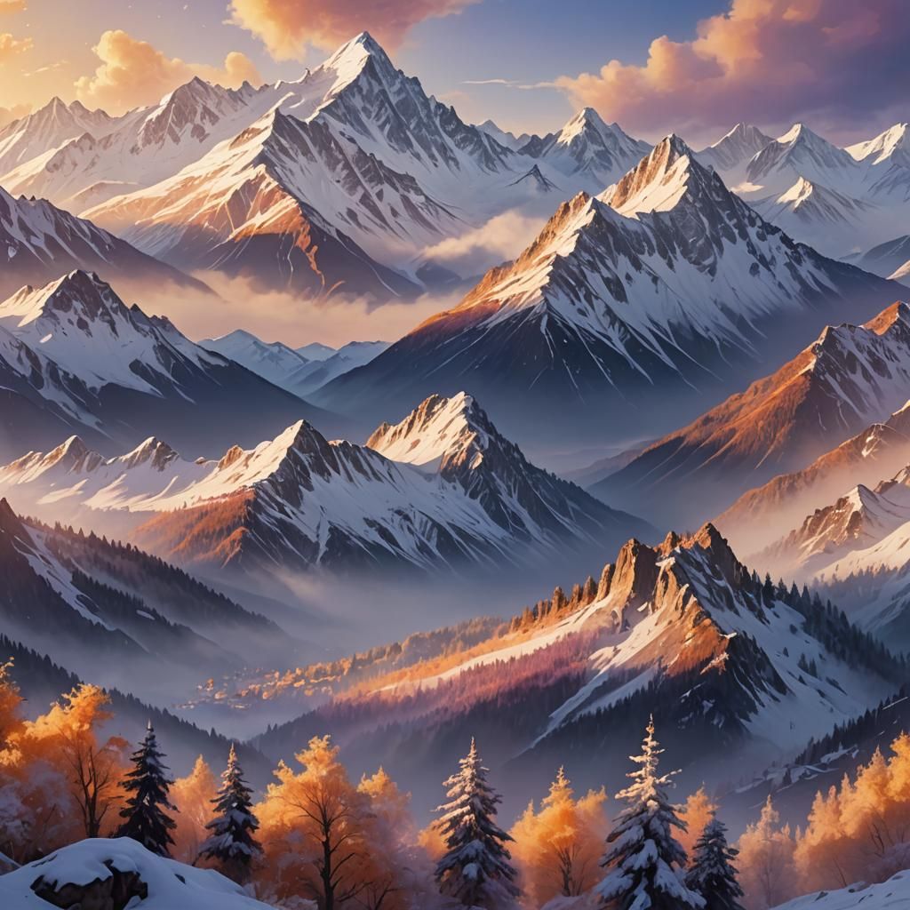Snowy Peaks in Early Light: Impressionist Digital Art