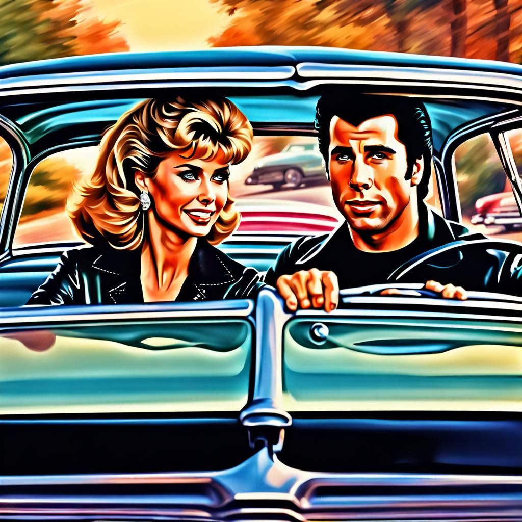 Grease: Travolta & Newton-John in Car, Hyperdetailed Paintin...