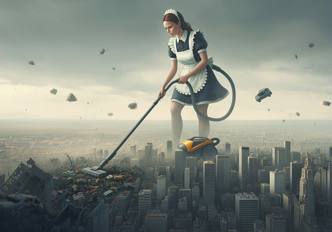 Ethereal Cleaning Maid Vacuums City in Dystopian Style