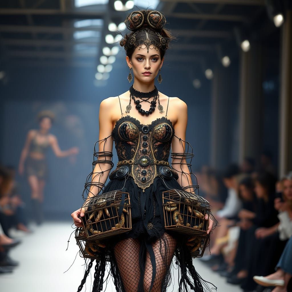 Elegant Model Struts Down Paris Runway in Art Nouveau-Inspir...
