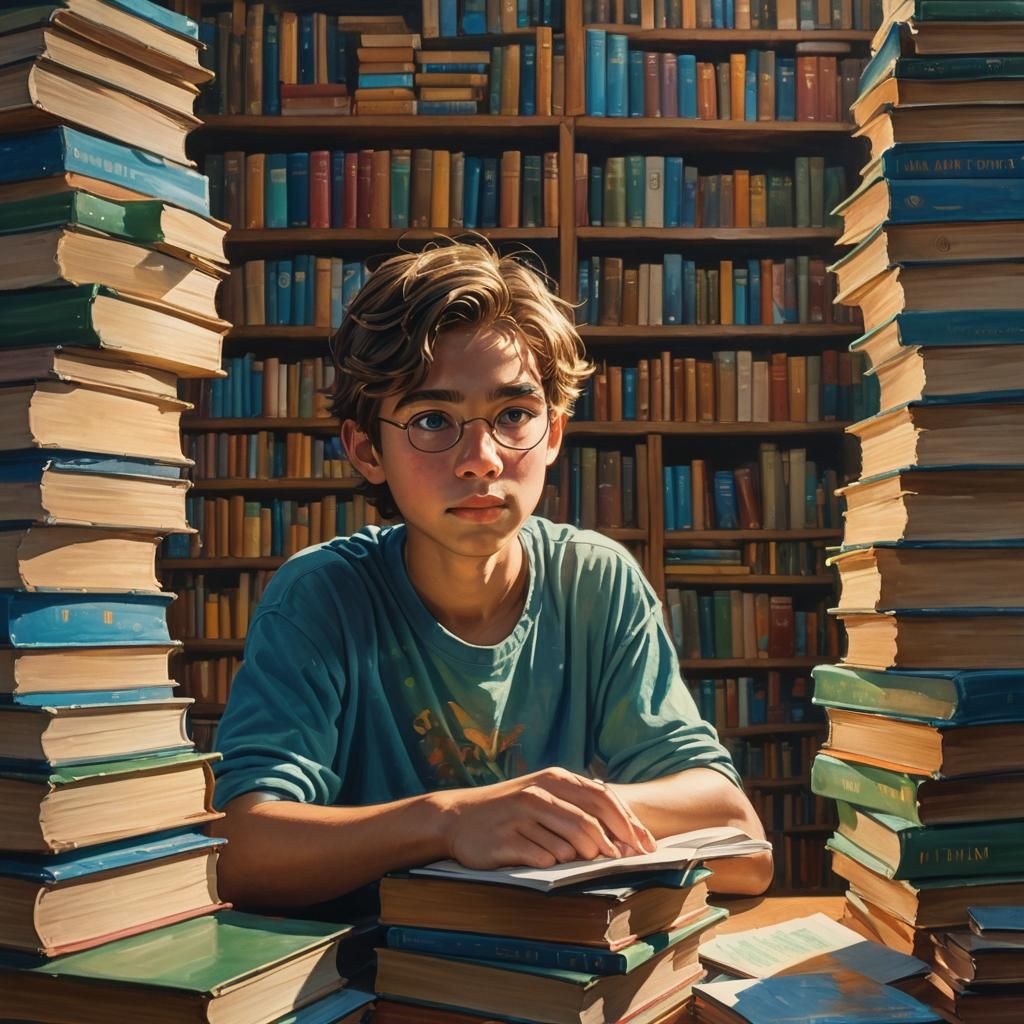 Young Person Surrounded by Books in Acrylic Painting