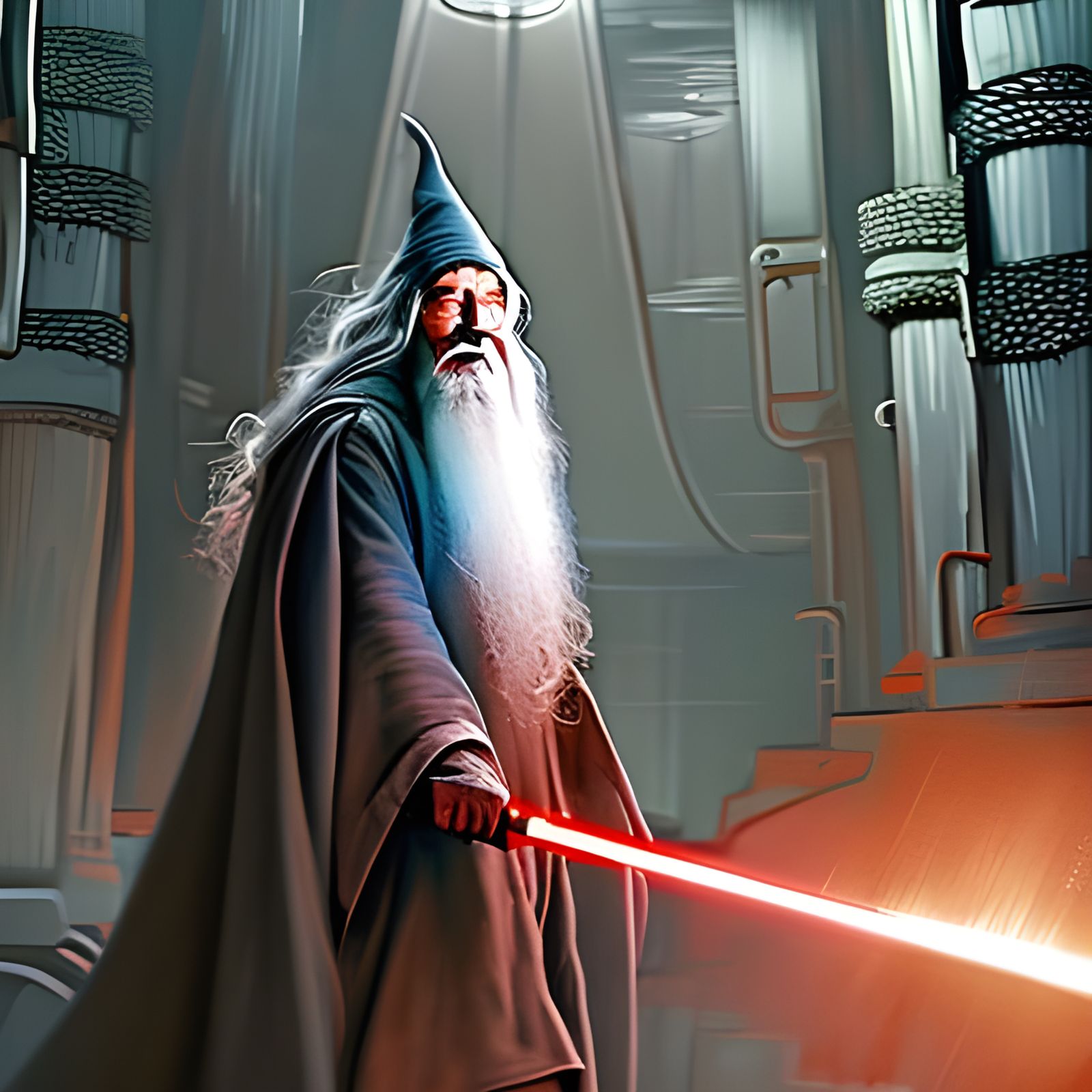 Gandalf with Lightsaber in Sci-Fi Setting