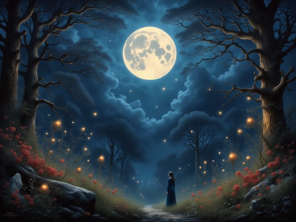 Ethereal Moonlight Landscape with Nebulae and Flora