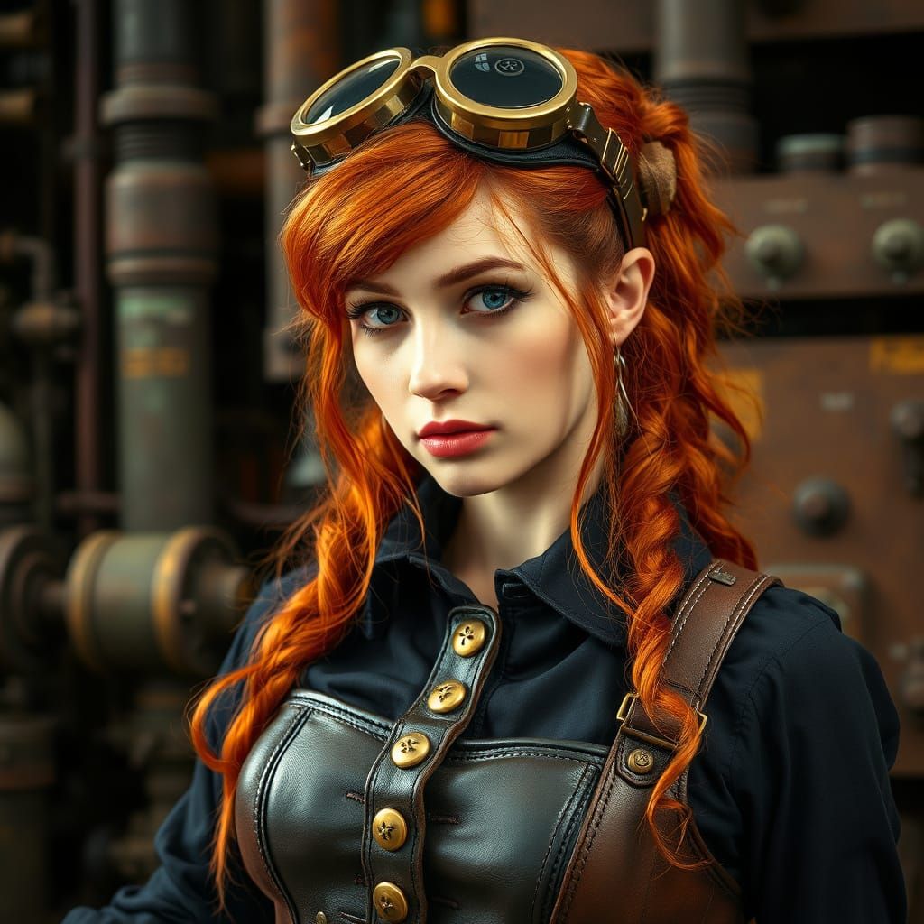 Steampunk Redhead with Goggles and Brass Details