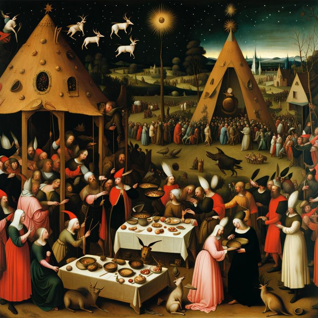 Saturnalia parade in the style of Hieronymus Bosch:: food, d...