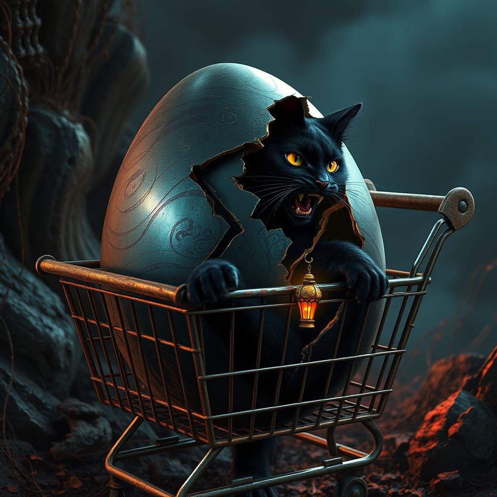 Epic Surreal Fantasy: Ancient Egg Reborn with Fierce Feline....