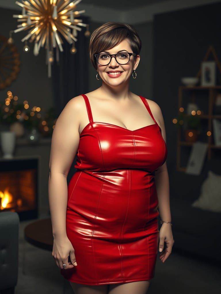 Celebrating Woman in Red Leather Mini Dress