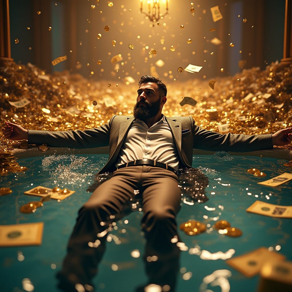 Opulent Man Swimming in Money Pool, Renaissance Style