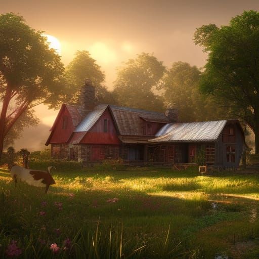 Farmhouse at Sunrise: Detailed Matte Painting