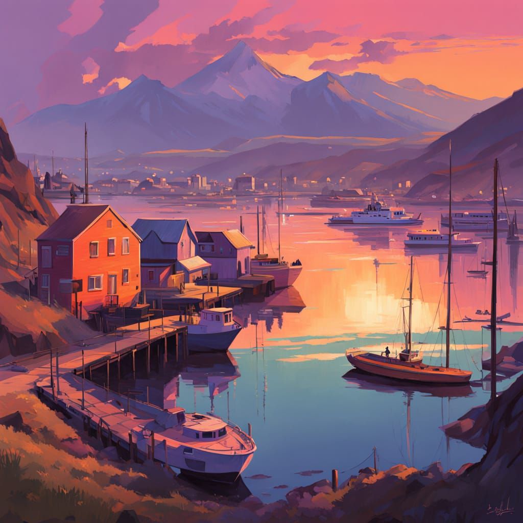 Sunset Bay Impressionism with Coastal Town