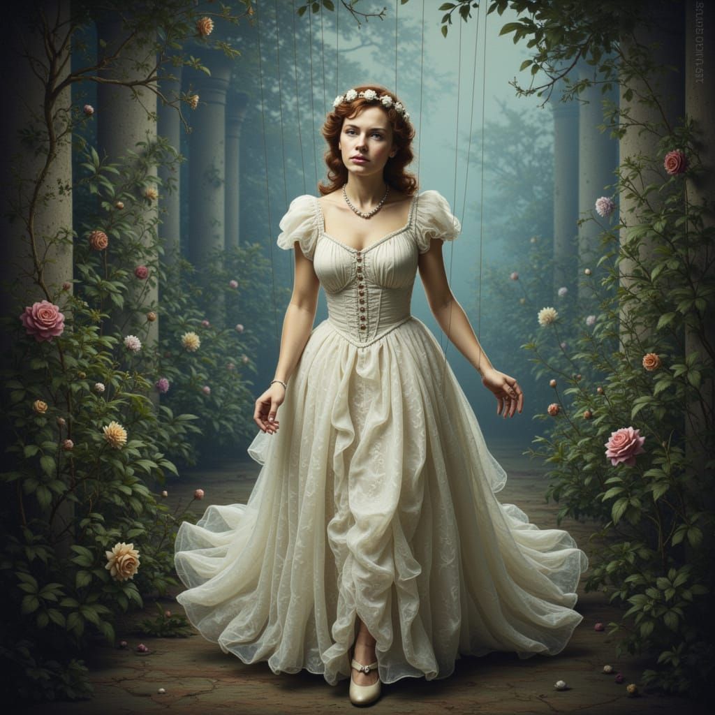 Scarlett O'Hara as Spectral Figure in Overgrown Garden