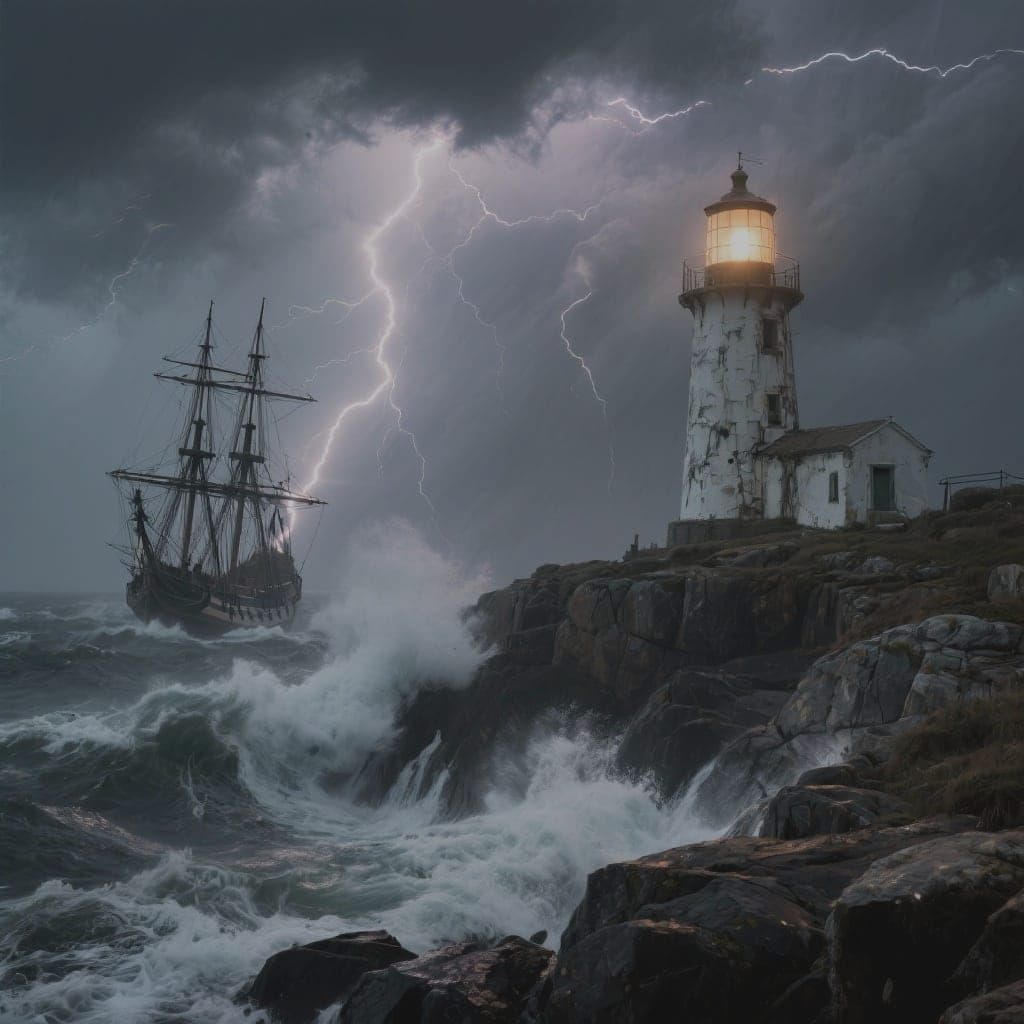 Lighthouse Battling a Stormy Sea