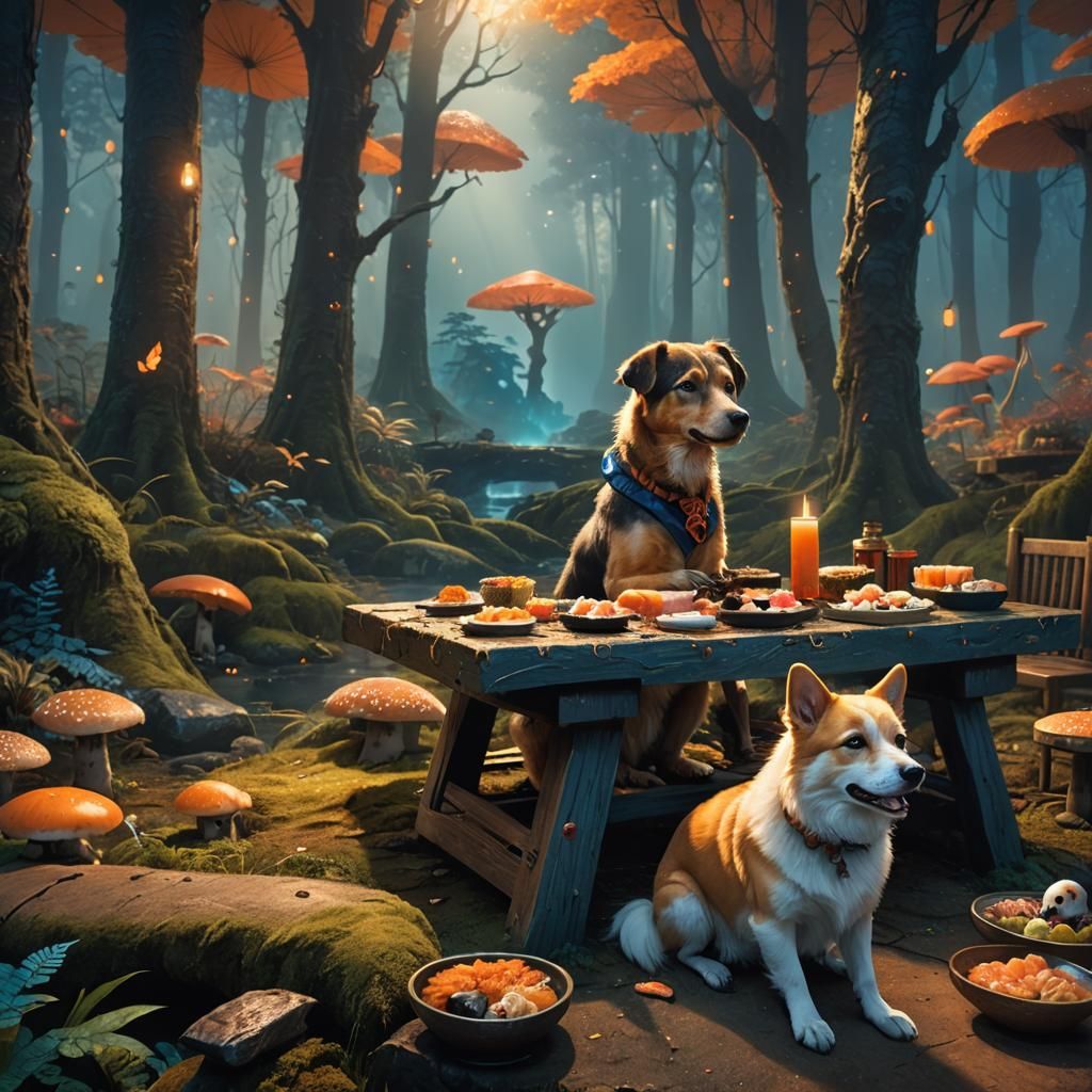 Dog's Forest Sushi Feast: Fantasy Concept Art