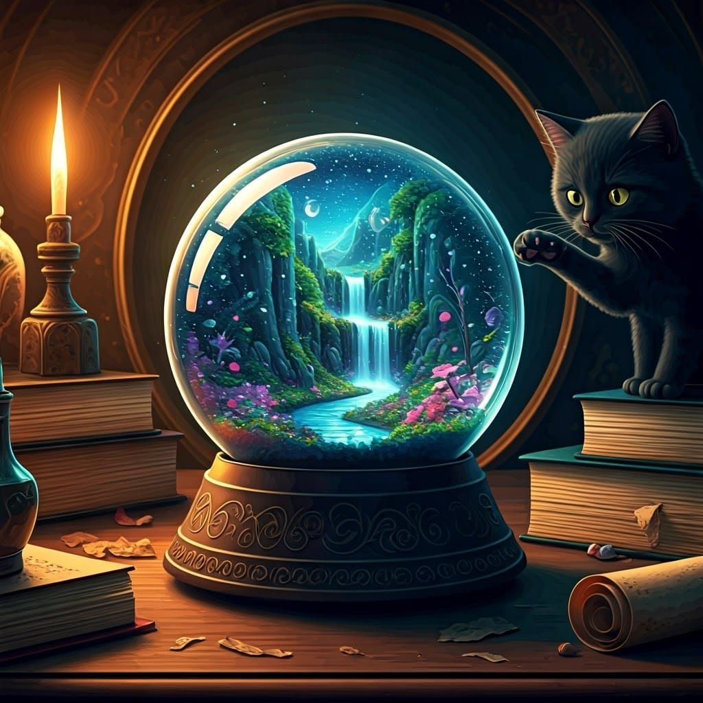 Enchanted Snow Globe with Cat Waterfall, 3D Render