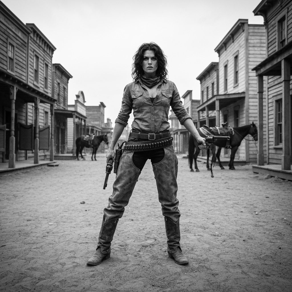 Cowgirl Gunslinger in Western Town Black and White Photo