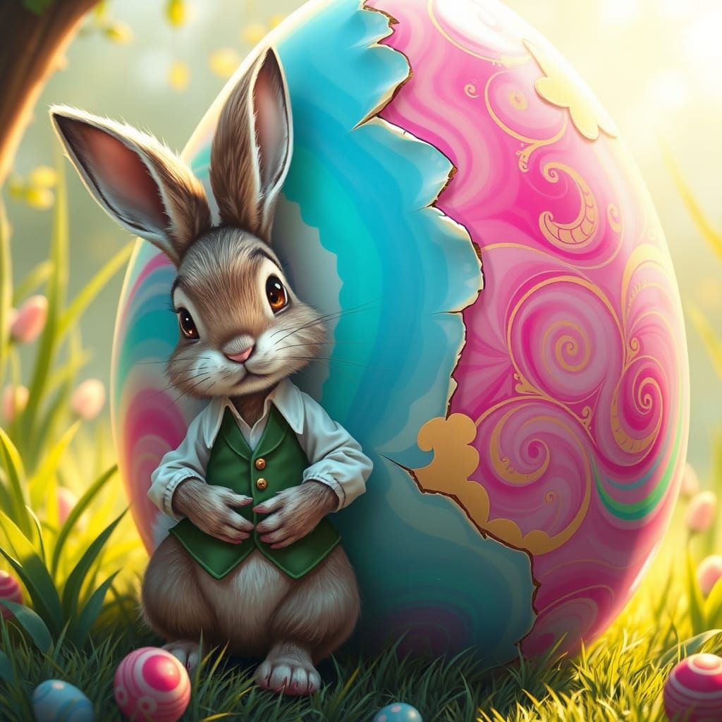 Dreamy Rabbit Leans Against a Vibrant Egg in Whimsical Style