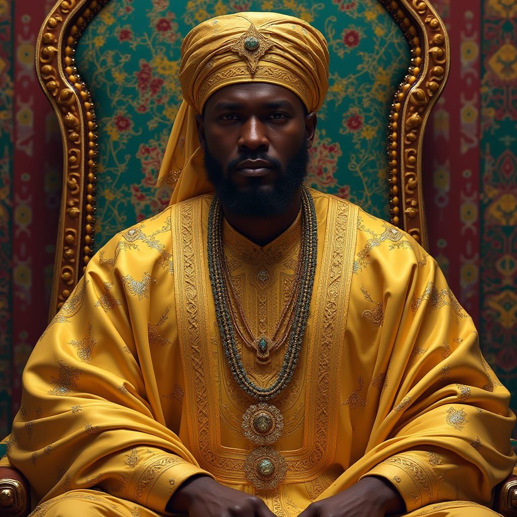 Regal Mansa Musa Portrait in Vibrant, Hyperrealistic Style
