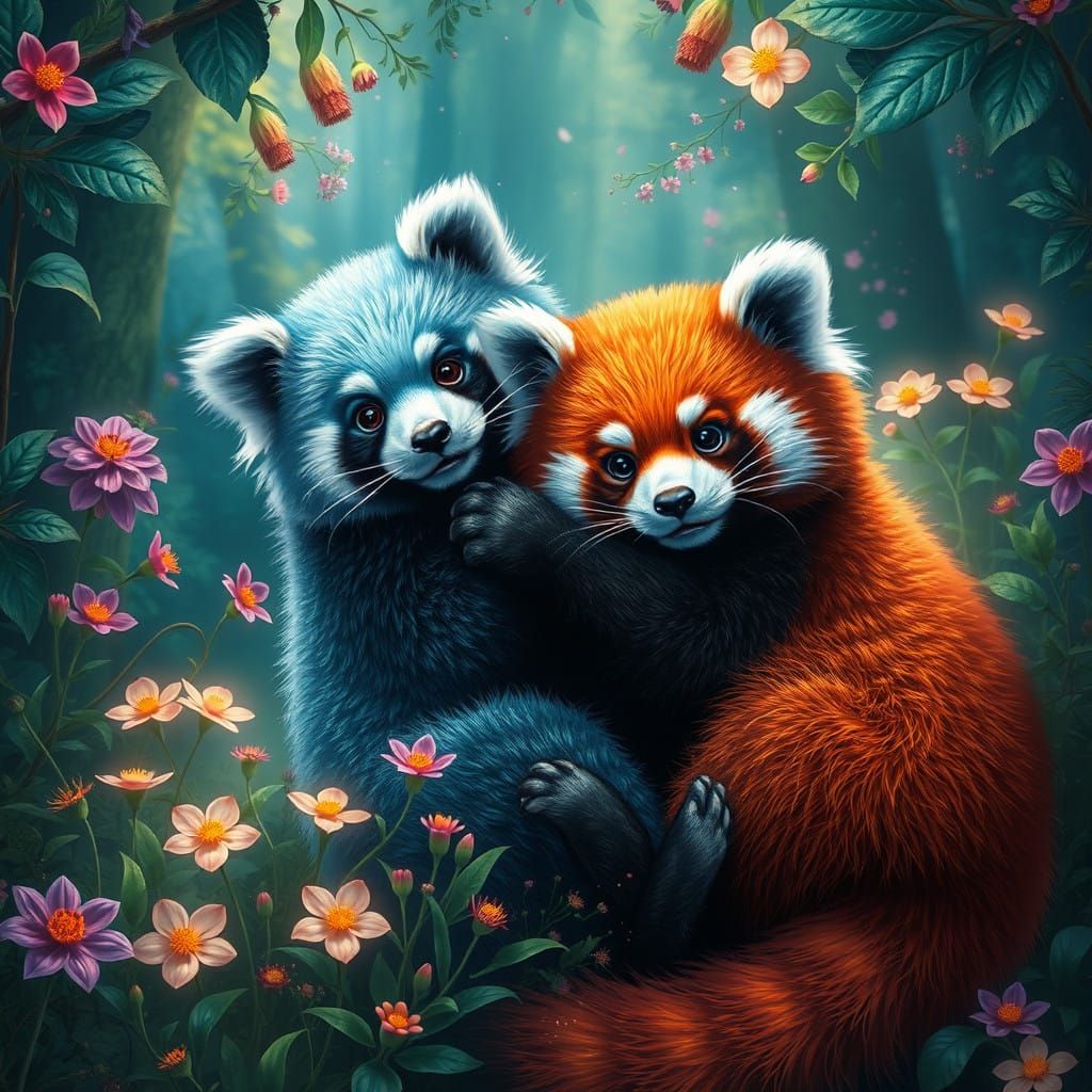 Blue and Red Pandas Entwined in Vibrant Whimsical Dreamscape