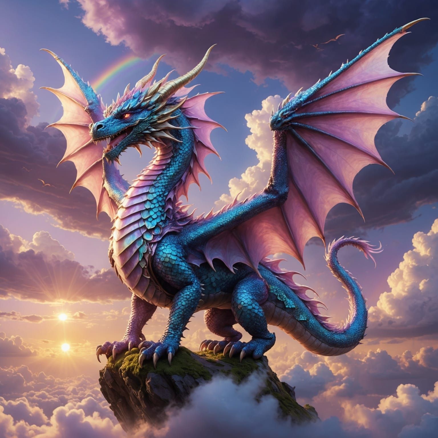 Pearl Dragon in Magical Rainbow Sky