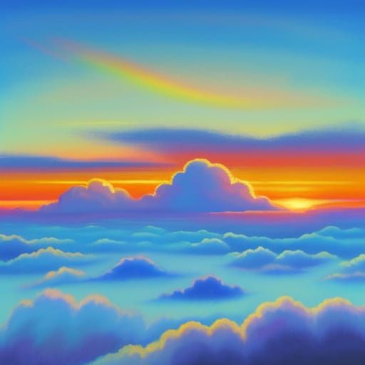 Vibrant Oil Painting of a Rainbow in a Blue Sky